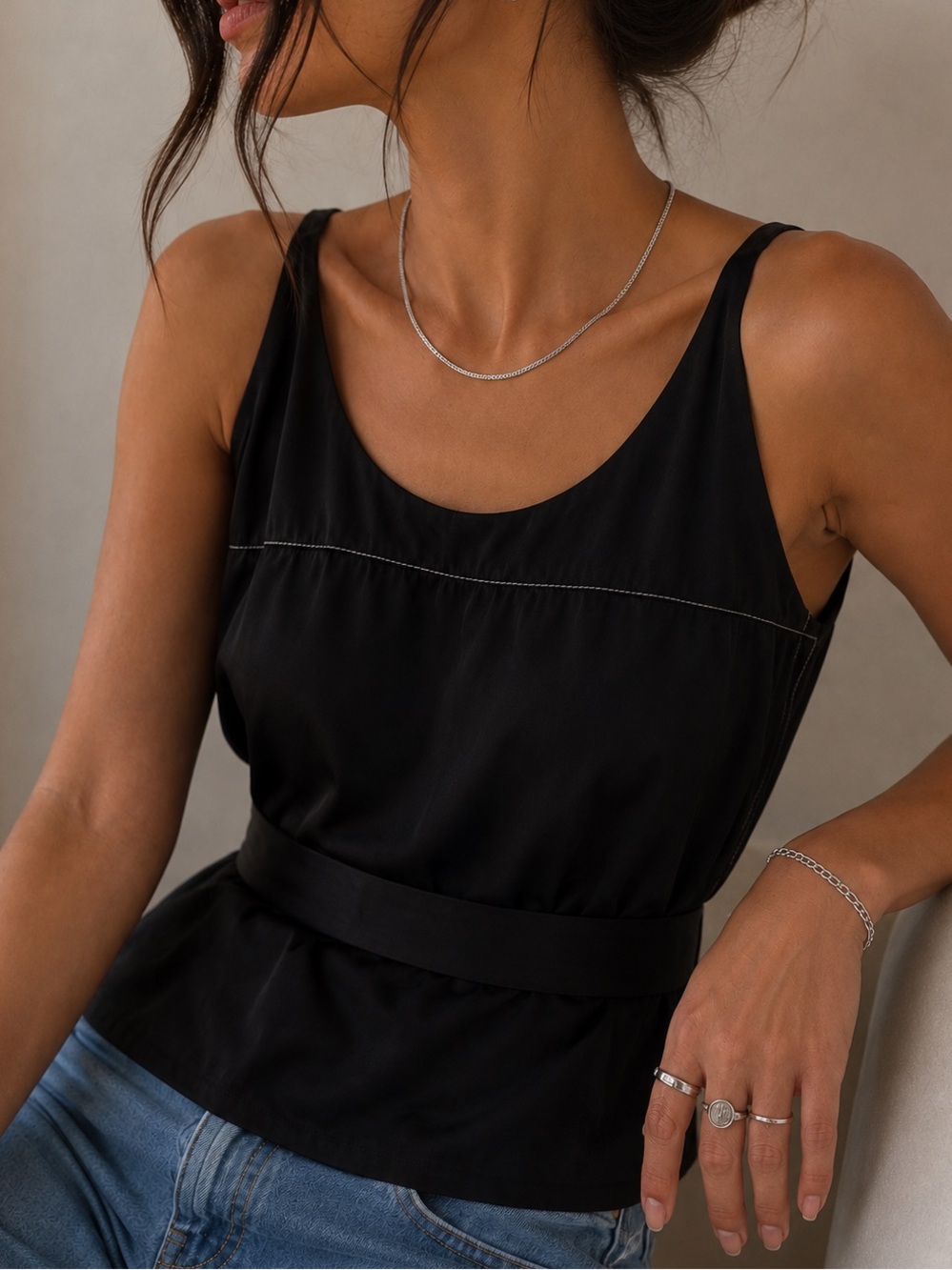 Babaton 1-01 Black Silk Belted Top